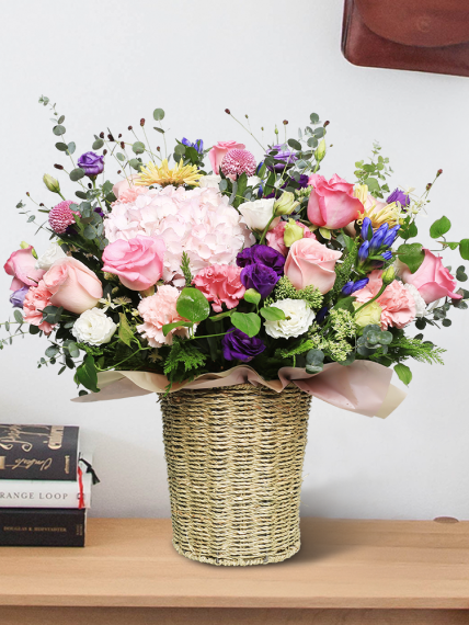 꽃바구니 - 핑크수국 (총 높이 약 60cm)